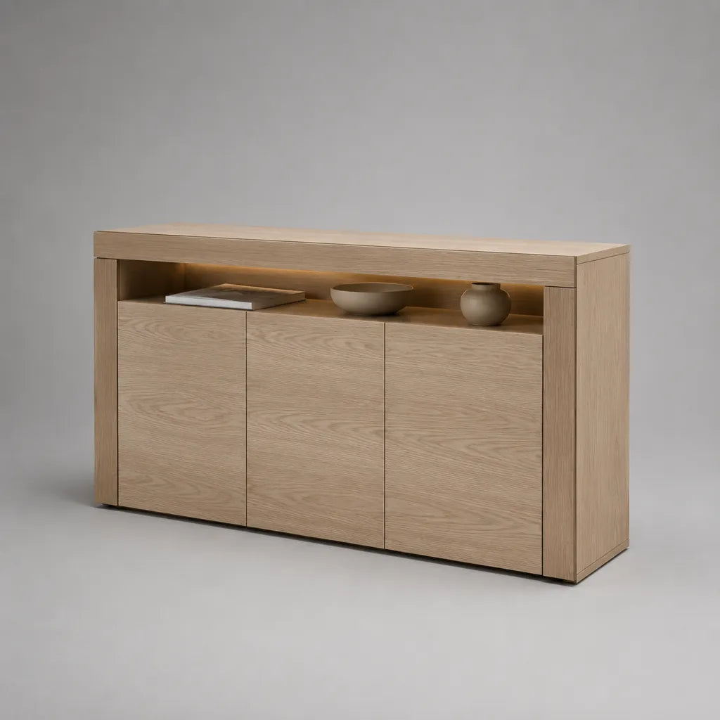Buffet rettangolare a 4 porte in rovere MDF, rovere leggero, 180 × 40 × 90 cm