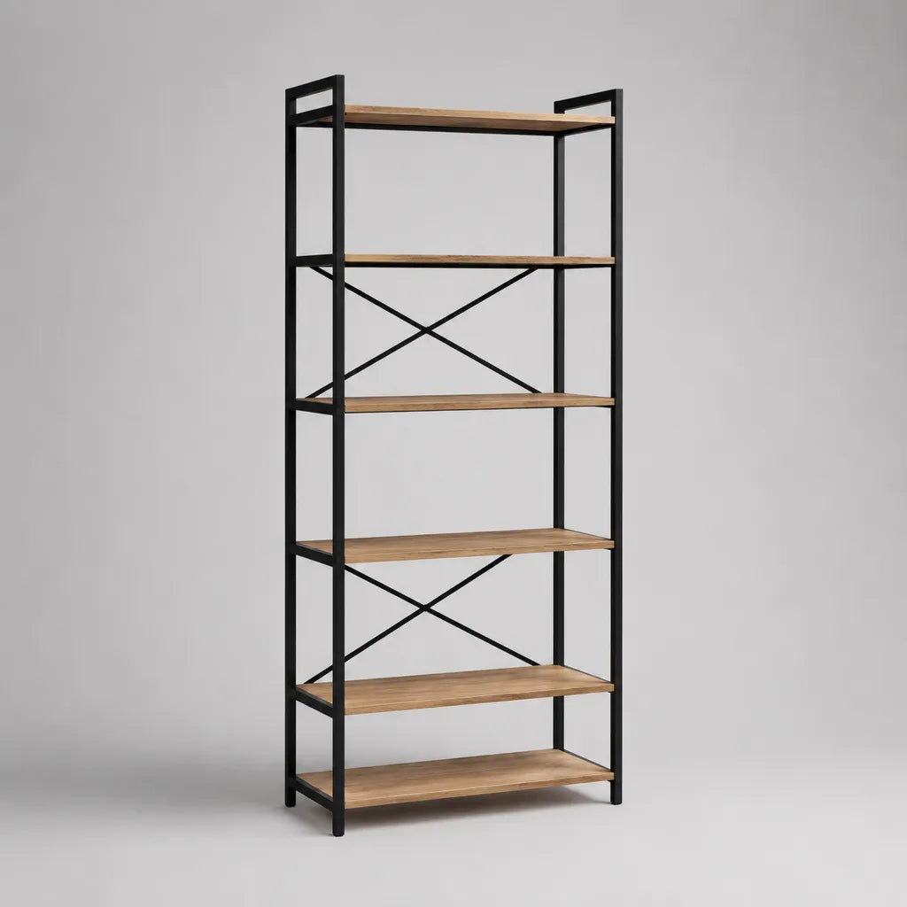 Libreria di ripiani a 6 livelli in pannello di particelle e acciaio, rovere e nero, 80 × 30 × 180 cm