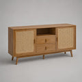 Buffet di fondo rettangolare in legno e rattan, 2 porte, 2 cassetti e 1 nicchia, rovere marrone e beige naturale, 140 × 40 × 80 cm