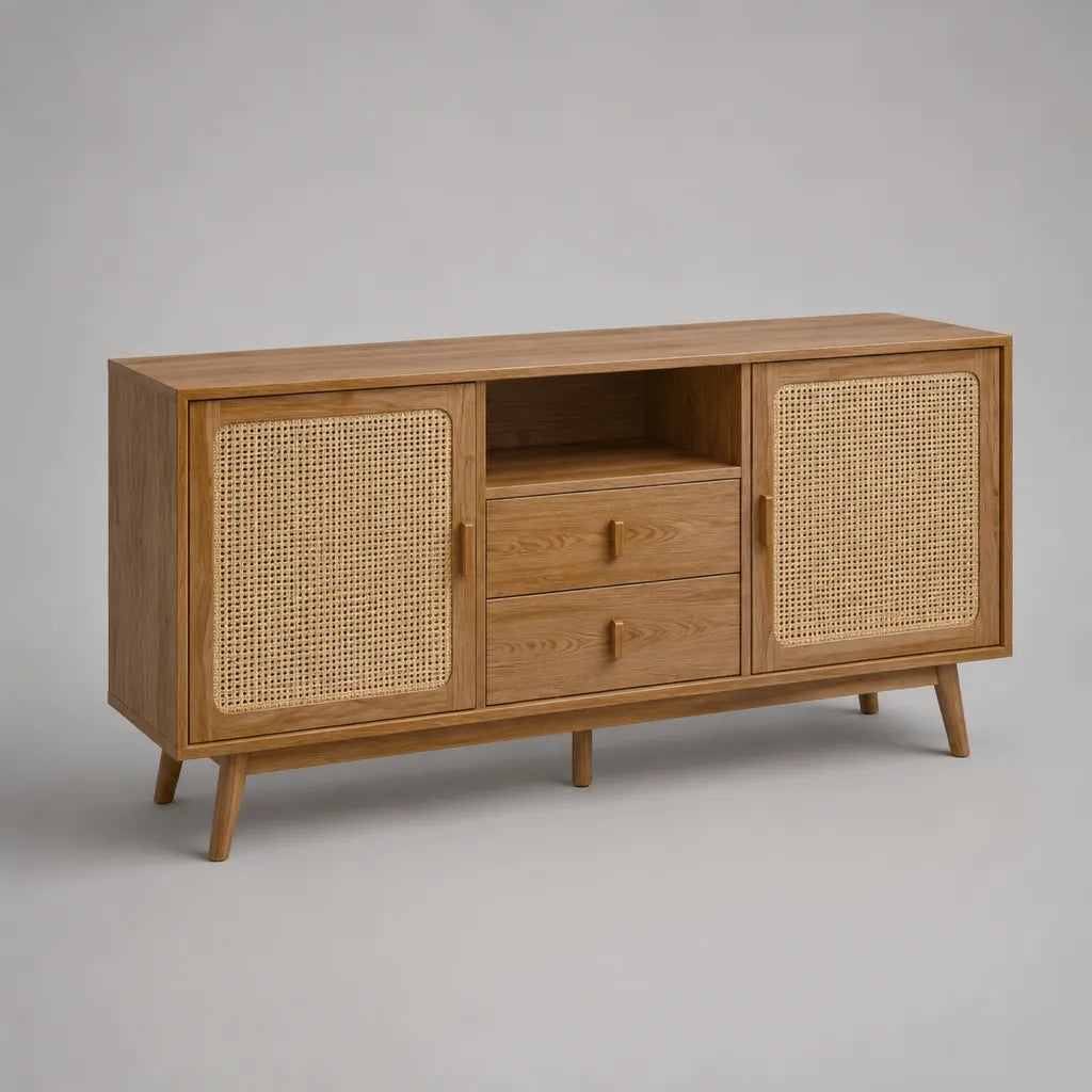 Buffet di fondo rettangolare in legno e rattan, 2 porte, 2 cassetti e 1 nicchia, rovere marrone e beige naturale, 140 × 40 × 80 cm