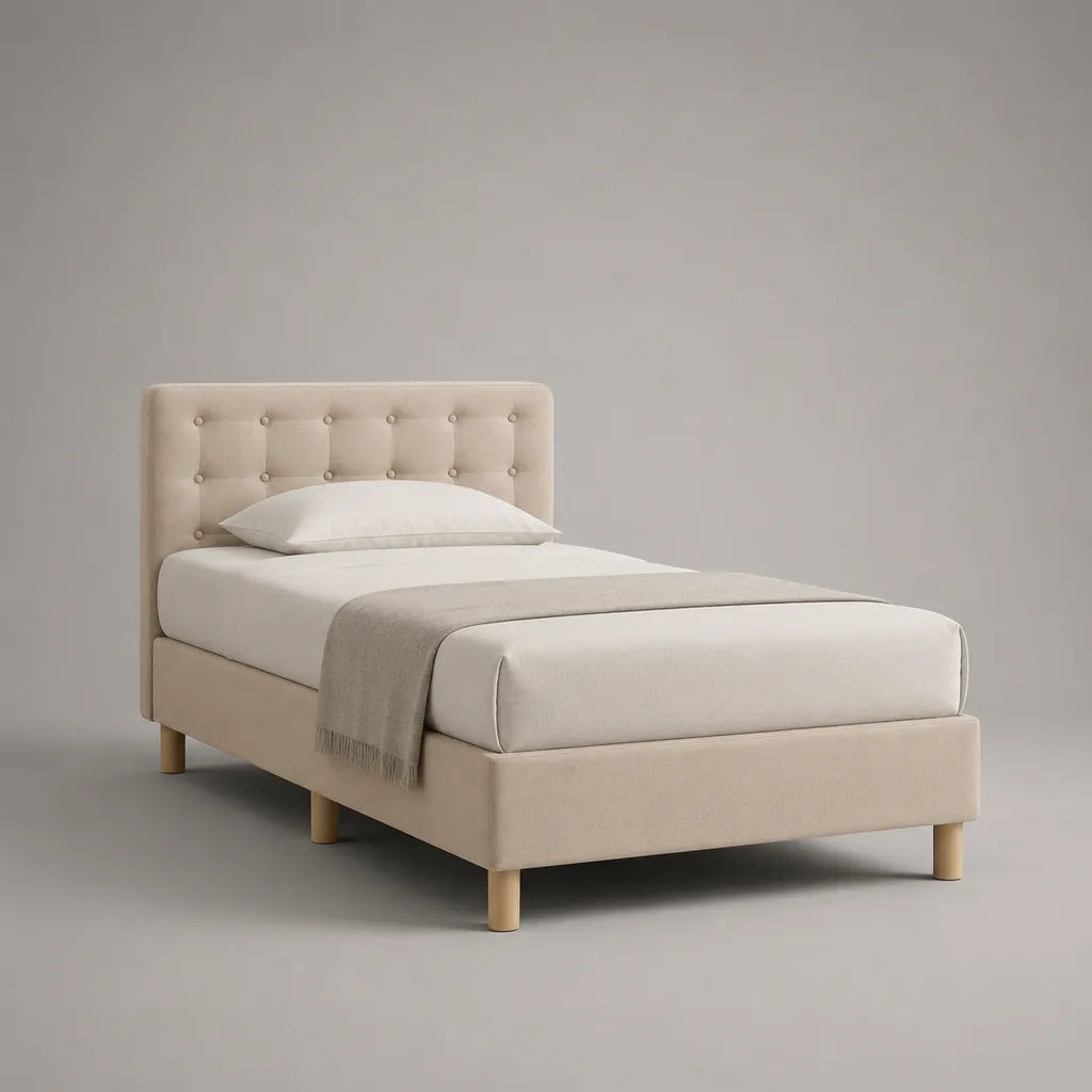 Letto rettangolare imbottito in poliestere beige con testata imbottita, 102 × 211 × 105 cm, letto 90 × 200 cm