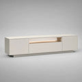 Armadio TV in legno bianco con 3 ante, nicchia centrale e base luminosa, 180 × 40 × 50 cm