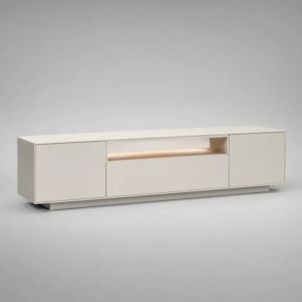 Armadio TV in legno bianco con 3 ante, nicchia centrale e base luminosa, 180 × 40 × 50 cm