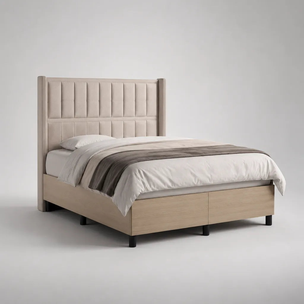 Letto matrimoniale in legno con testata in tessuto e 2 cassetti, beige, rovere chiaro e nero, letto 160 × 200 cm, dimensioni 173 × 215 × 135 cm