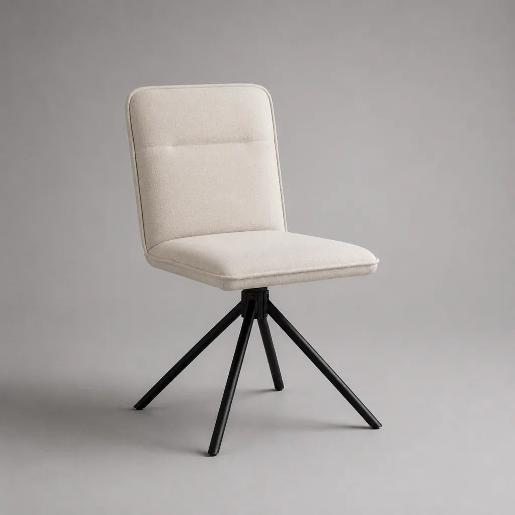 Sedia da pranzo girevole imbottita in tessuto beige e acciaio nero, 48 × 56 × 84 cm