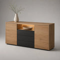 Armadio rettangolare in legno e metallo, 2 porte, 3 cassetti e 1 nicchia, rovere naturale e nero, 160 × 40 × 80 cm