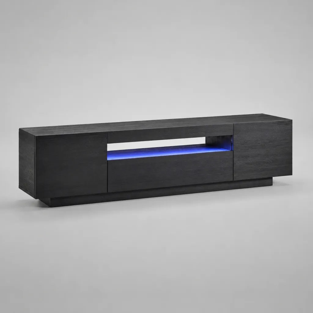 Basso armadio TV in pannello di particelle in melamina nera con illuminazione a LED blu, 160 × 35 × 45 cm