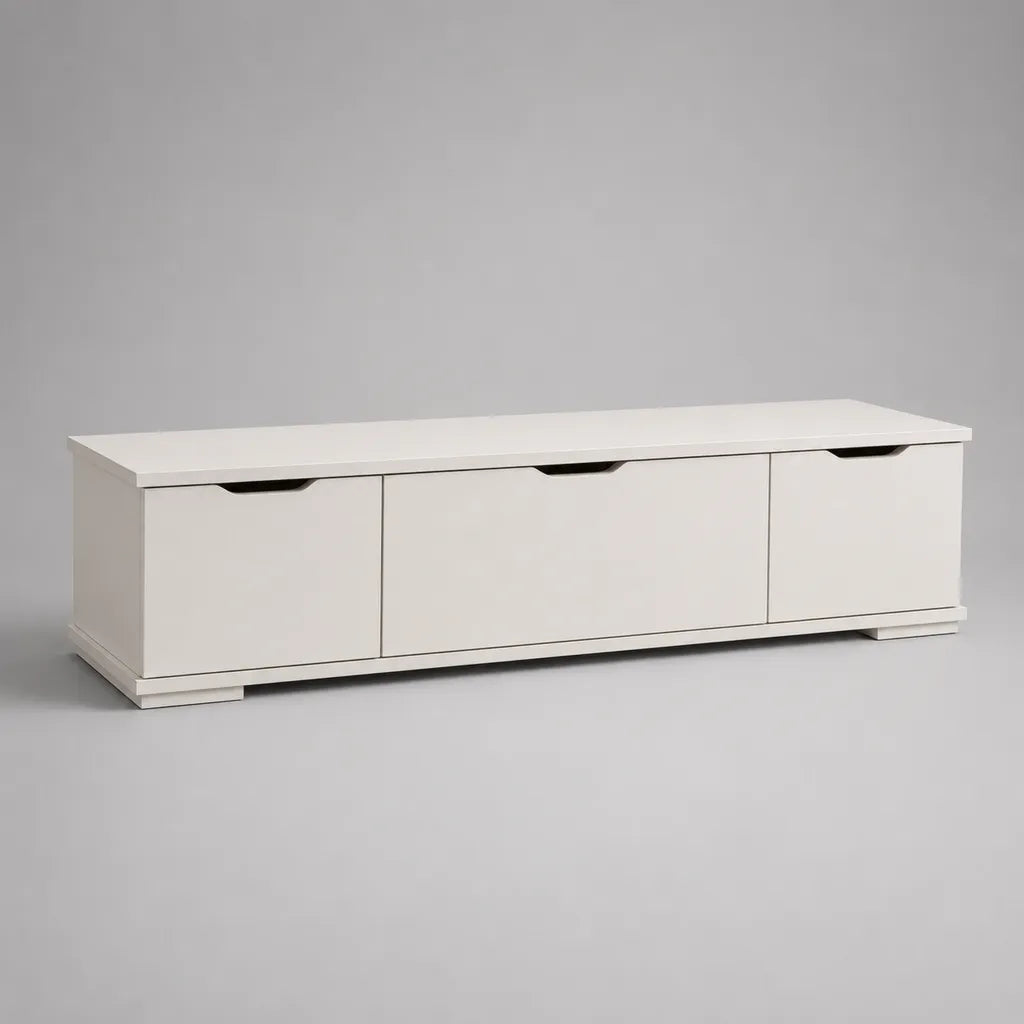Basso armadio rettangolare TV in pannelli a particelle con 3 porte taglienti, bianche e nere, 140 × 40 × 40 cm