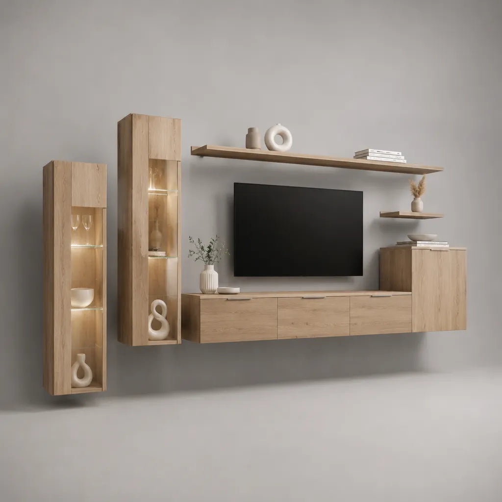 Set da parete 6 pezzi in legno e vetro, rovere leggero, 300 × 35 × 190 cm