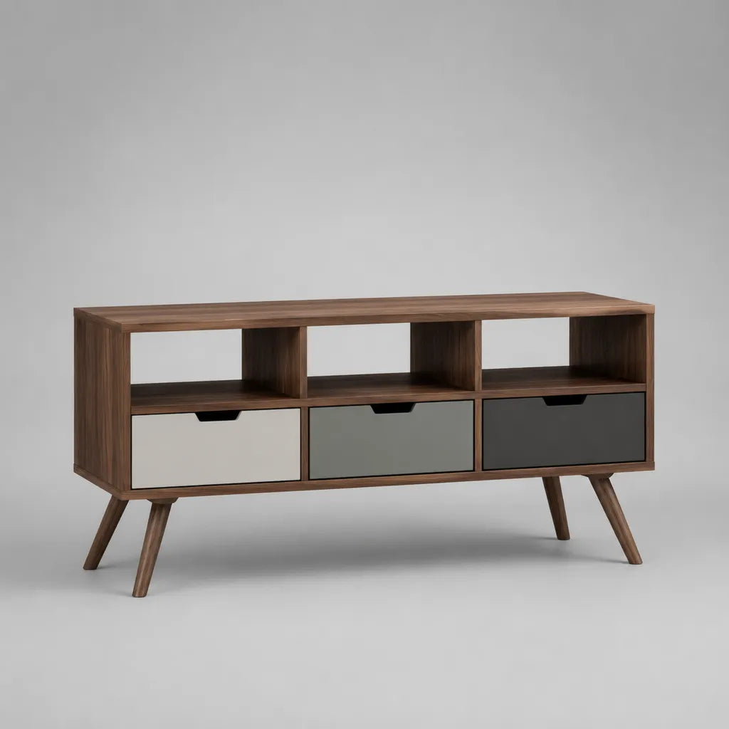 Armadio rettangolare in legno di melamina con 3 cassetti e 3 nicchie, marrone noce e grigio, 120 × 40 × 70 cm