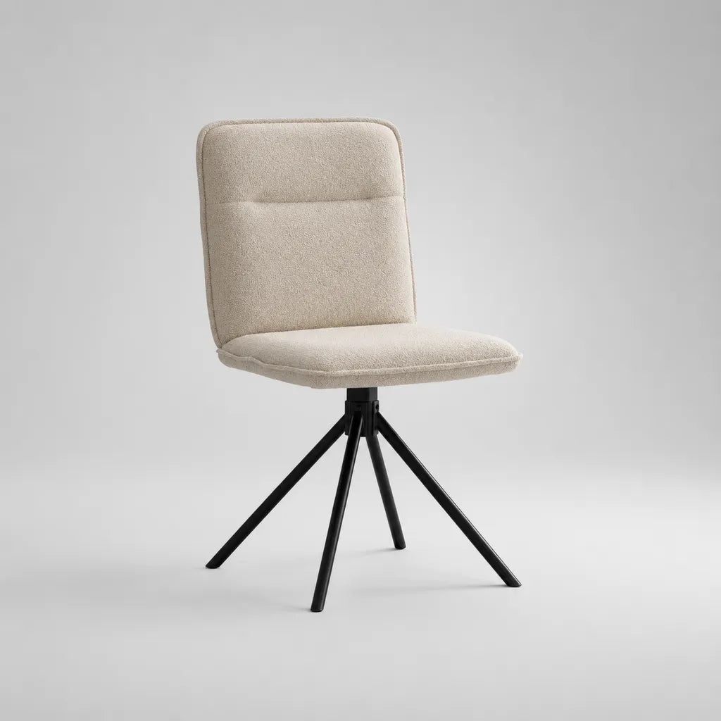 Sedia girevole in tessuto beige e metallo nero con schienale imbottito, 48 × 55 × 84 cm