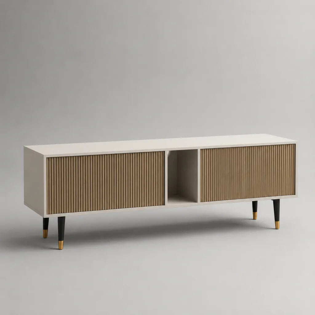 Armadio rettangolare a bassa TV in pannelli MDF scanalati, bianco rotto, rovere naturale, nero e oro, 160 × 40 × 60 cm