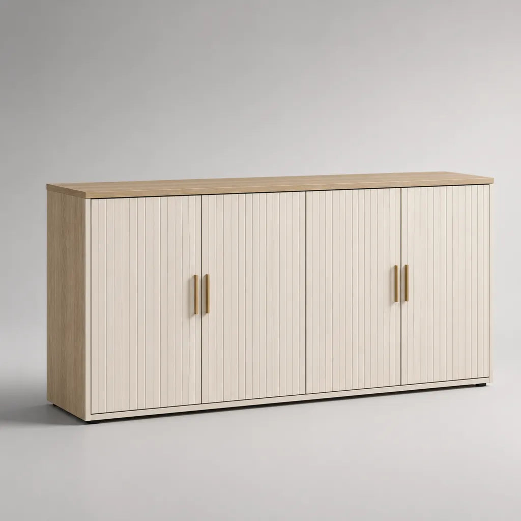Buffet rettangolare a 4 porte in MDF scandagliato e pannello di particelle melamine, beige e rovere leggero, 160 × 40 × 80 cm