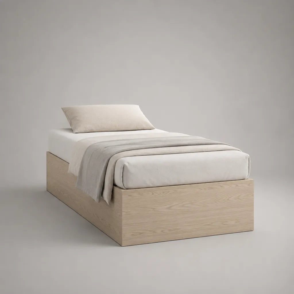 Letto singolo in legno con latte, rovere leggero, letto 90 × 200 cm, dimensioni 206 × 96 × 40 cm