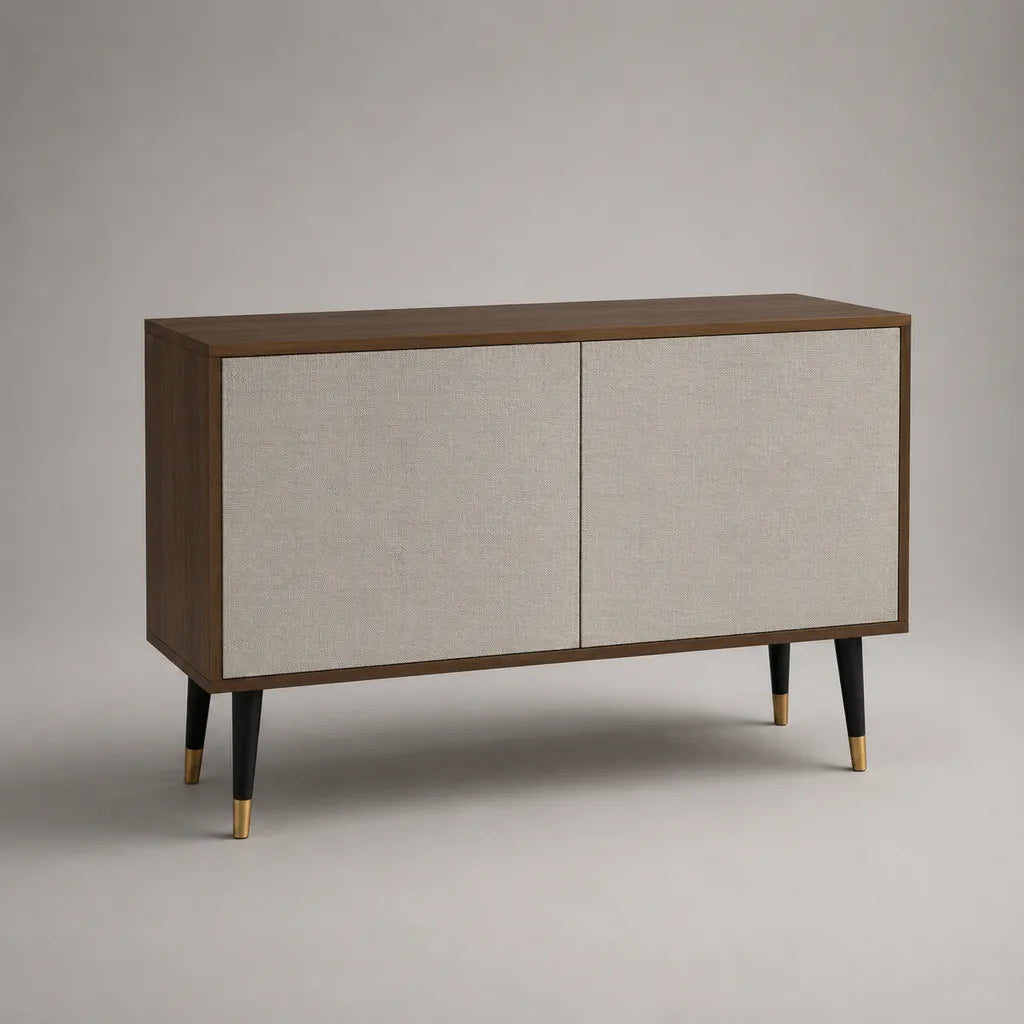 Tessuto in legno basso e beige con 2 porte, piedi in metallo, 120 × 40 × 80 cm