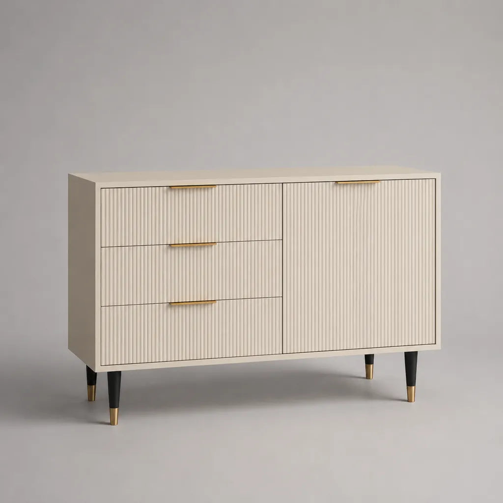 Armadio rettangolare in legno MDF con scanalatura bianca rotta, 3 cassetti e 1 porta, piedi neri e dettagli dorati, 120 × 40 × 80 cm