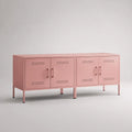 Set di 2 mobili TV bassi rettangolari in acciaio rosa cipria, ciascuno con 4 ante, 160 × 40 × 70 cm