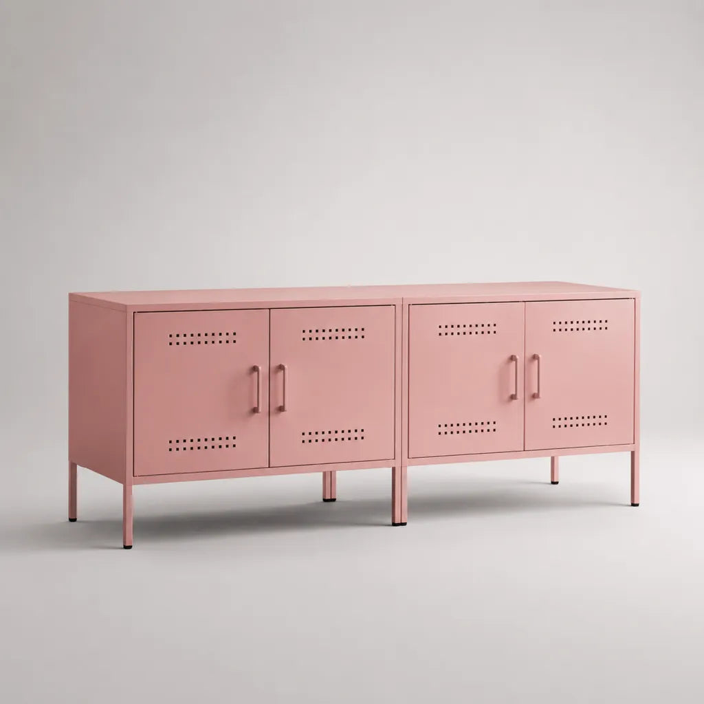 Set di 2 mobili TV bassi rettangolari in acciaio rosa cipria, ciascuno con 4 ante, 160 × 40 × 70 cm