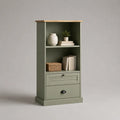 Biblioteca rettangolare in impiallacciatura MDF verde oliva e rovere naturale, 2 nicchie e 2 cassetti, 60 × 35 × 140 cm