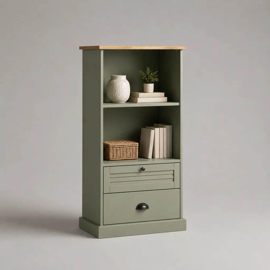 Biblioteca rettangolare in impiallacciatura MDF verde oliva e rovere naturale, 2 nicchie e 2 cassetti, 60 × 35 × 140 cm