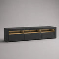 Armadio rettangolare a bassa TV in legno nero e rovere, 200 × 40 × 52 cm, 3 porte e 3 nicchie illuminate