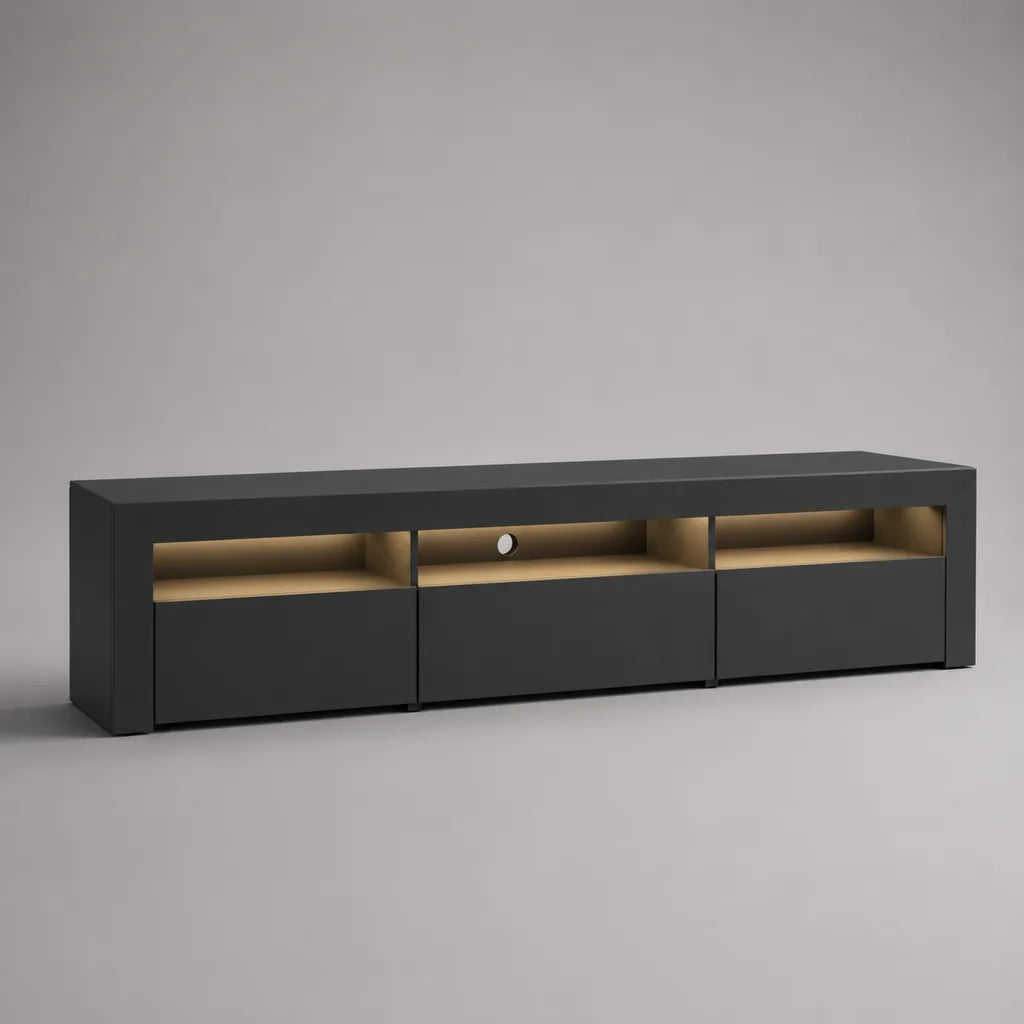 Armadio rettangolare a bassa TV in legno nero e rovere, 200 × 40 × 52 cm, 3 porte e 3 nicchie illuminate
