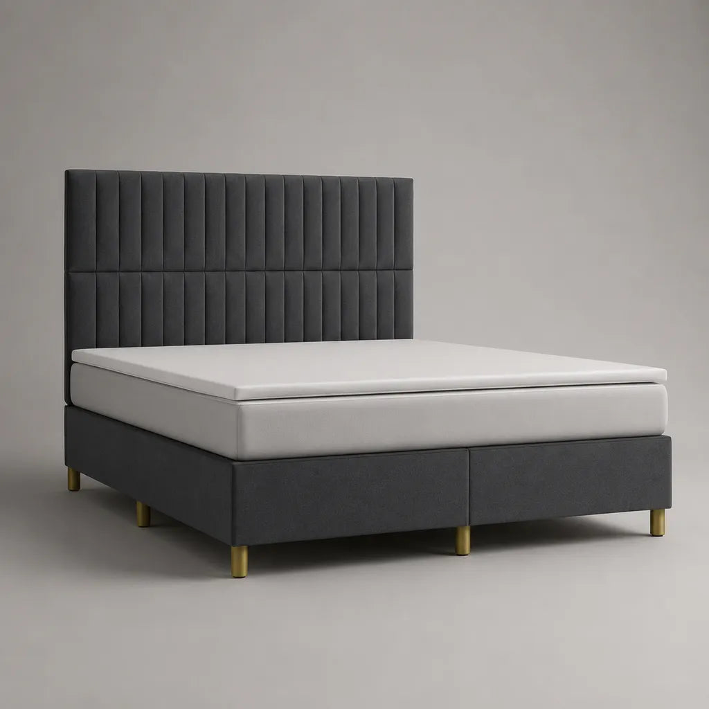 Letto matrimoniale continentale imbottito in velluto grigio antracite con testata, materassi e materassi, con letto 160 × 200 cm