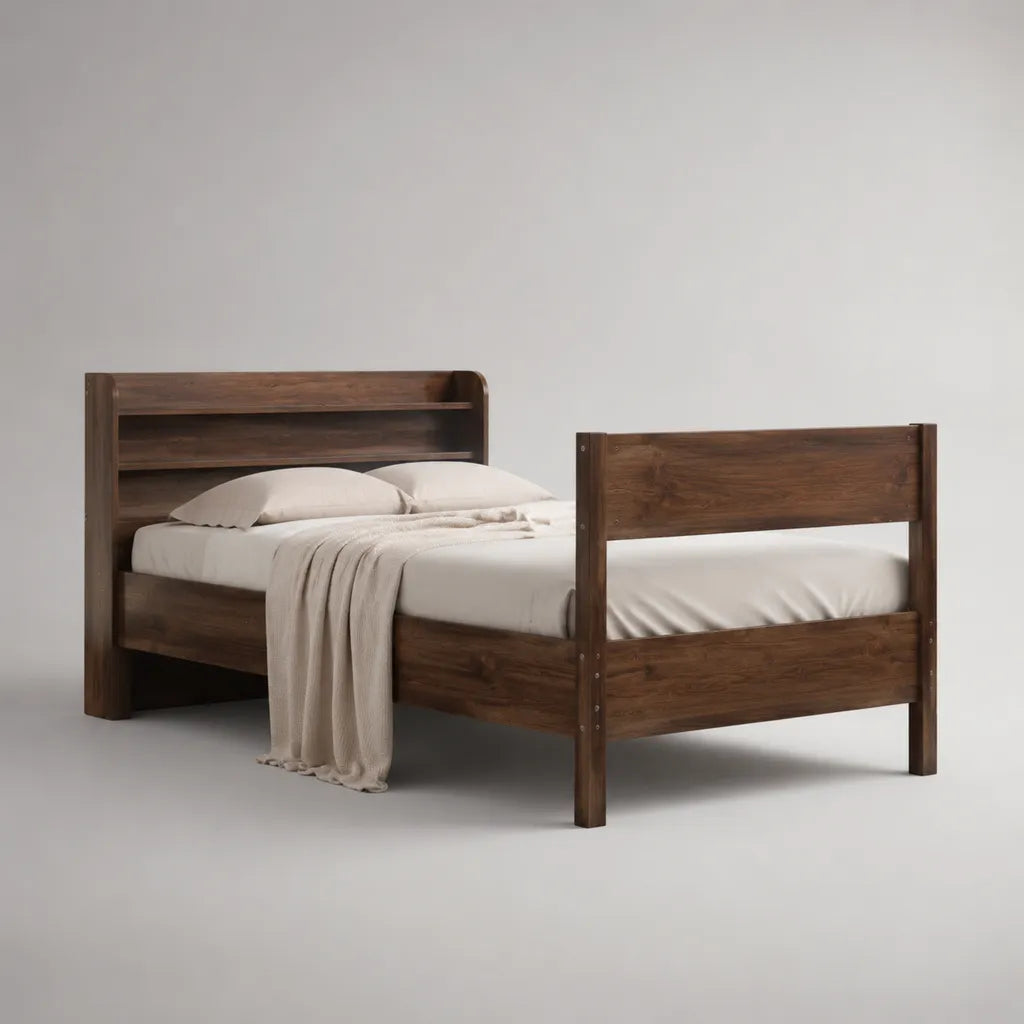 Letto matrimoniale 160 × 200 cm in noce marrone pino massiccio con libreria letto testa