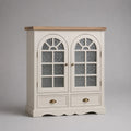 Piano rettangolare in legno, vetro e metallo a buffet con 2 porte e 2 cassetti, bianco rotto e legno naturale leggero, 100 × 40 × 120 cm