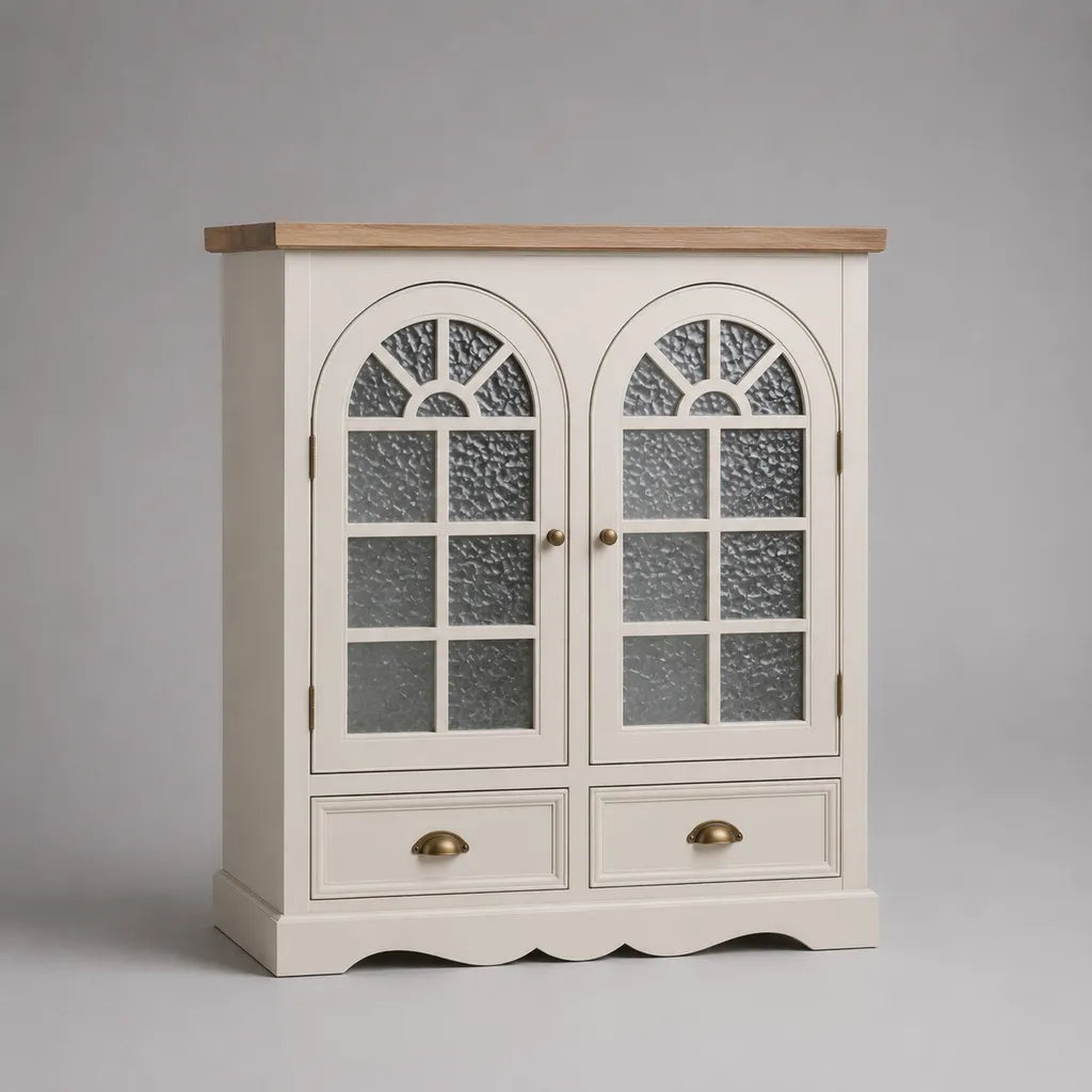 Piano rettangolare in legno, vetro e metallo a buffet con 2 porte e 2 cassetti, bianco rotto e legno naturale leggero, 100 × 40 × 120 cm