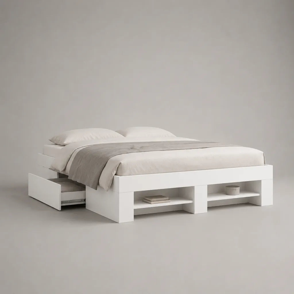 Letto matrimoniale bianco 160 × 200 cm con cassetto e nicchie, dimensioni 206 × 166 × 50 cm, in pannello a particelle in melamina